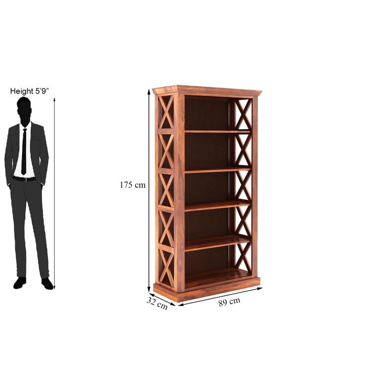 Solid Sheesham Wood Bookshelf With Open Shelf Storage - Honey Finish