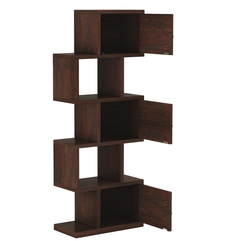 Wood 5-Layer Ladder Bookshelf | Zig-Zag Design with 2 Open Shelves & 3 Rattan Wicker Door Storage Bookrack | Walnut Finish