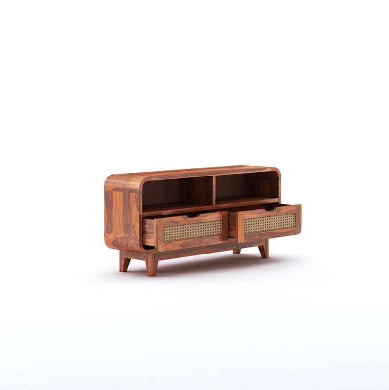 Sheesham Wood TV Cabinet Stand With 2 Cane Drawer and 2 Shelves | Multipurpose Wooden Television Entertainment Unit With Storage for Living Room, Bedroom, Office, Home Furniture