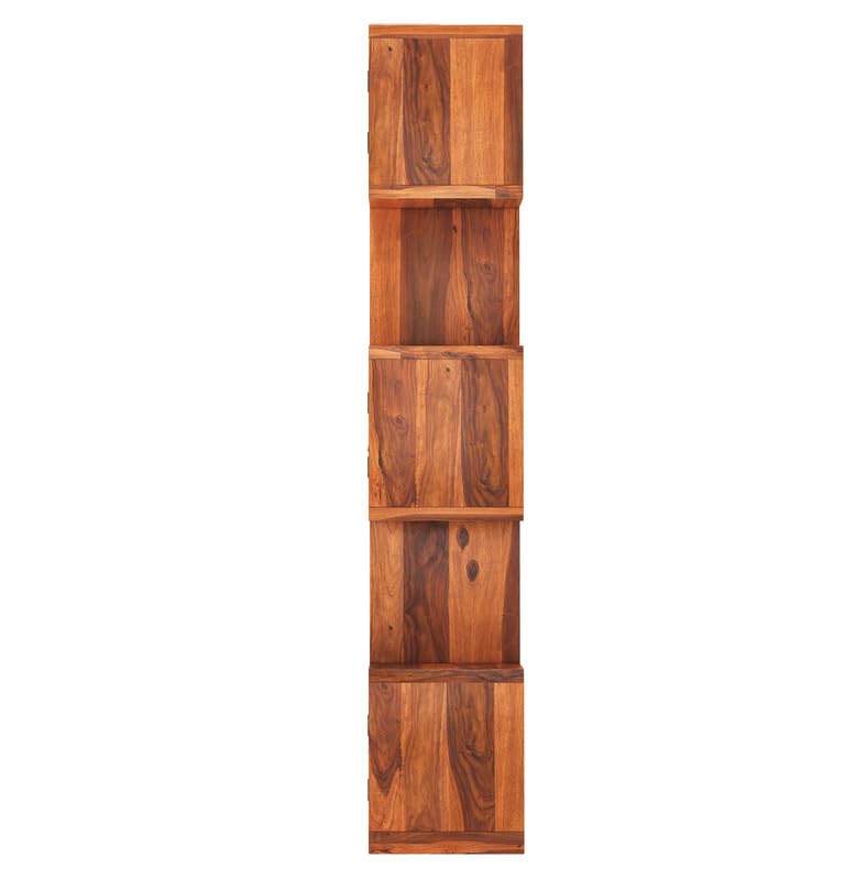Sheesham Wood 5-Layer Ladder Bookshelf | Zig-Zag Design with 2 Open Shelves & 3 Rattan Wicker Door Storage Bookrack | Display Cabinet Floor Standing Bookcase for Library