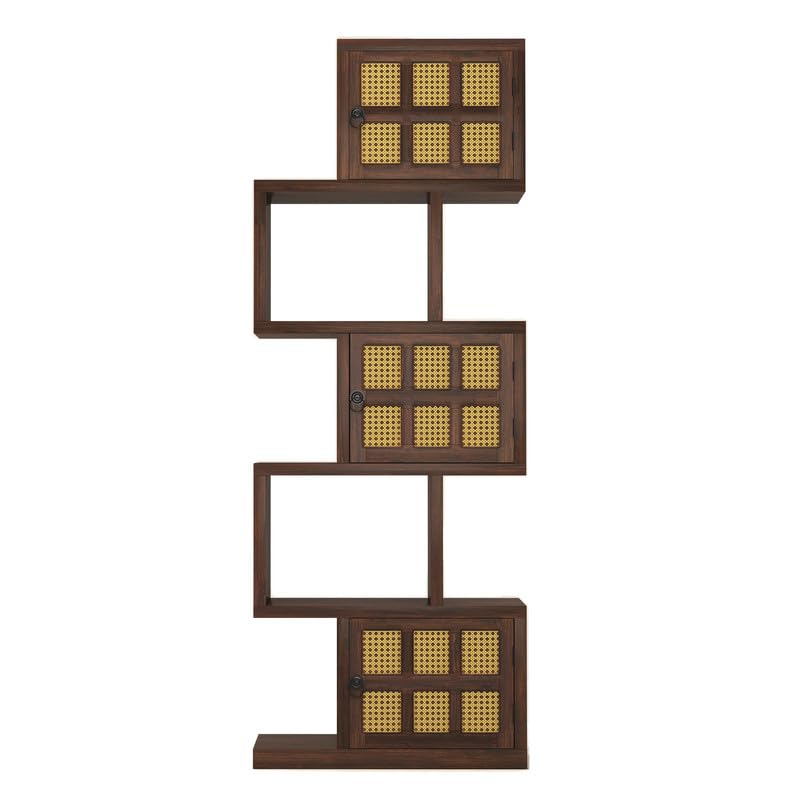 Solid Sheesham Wood 5-Layer Ladder Bookshelf With Zig-Zag Design with 2 Open Shelves & 3 Rattan Wicker Door Storage | Walnut Finish