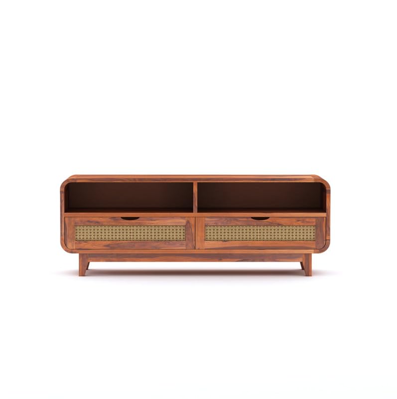 Sheesham Wood TV Cabinet Stand with 2 Cane Drawers and 2 Shelves | Multipurpose Wooden TV Entertainment Unit with Storage for Living Room, Bedroom, Office and Home Furniture