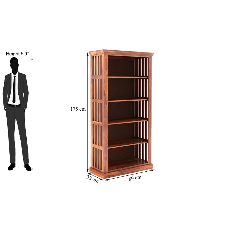 Sheesham Wood Bookshelf with Open Shelf Storage Wooden Bookcase Cabinet Furniture Display Unit for Home Office Living Room, Bedroom