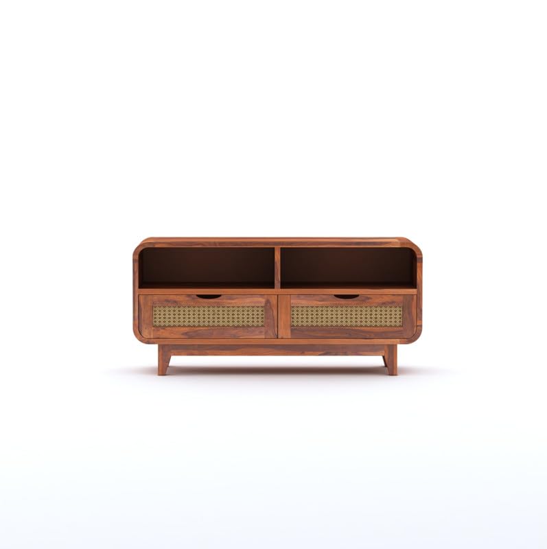Sheesham Wood TV Cabinet Stand With 2 Cane Drawer and 2 Shelves | Multipurpose Wooden Television Entertainment Unit With Storage for Living Room, Bedroom, Office, Home Furniture