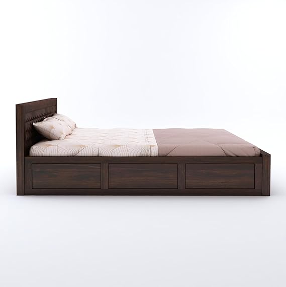 Goyal Handicraft Sheesham Wood Queen Size Bed with Hydraulic Storage for Bedroom Living Room Home Hotel Furniture Wooden Double Bed Cot Palang for Guest Room (Walnut Finish)