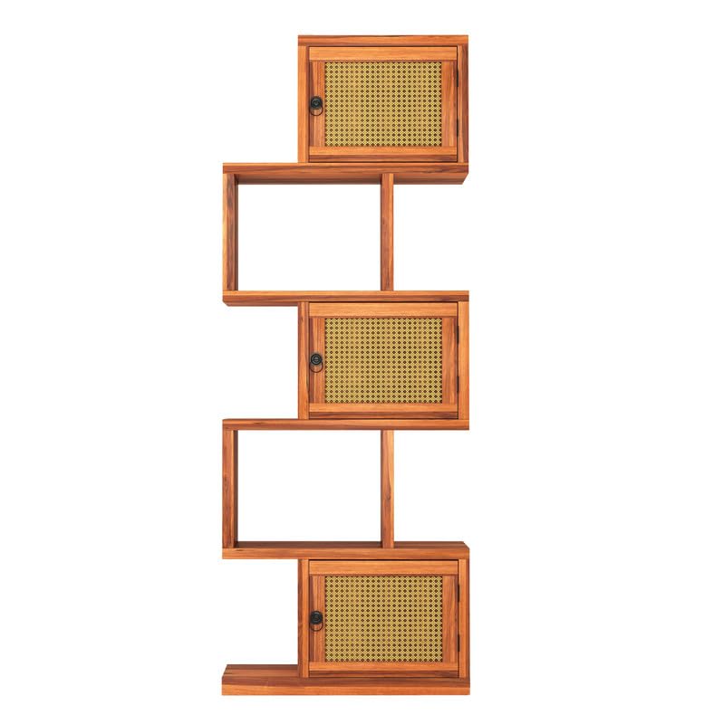 Sheesham Wood 5-Layer Ladder Bookshelf | Zig-Zag Design with 2 Open Shelves & 3 Rattan Wicker Door Storage Bookrack | Display Cabinet Floor Standing Bookcase for Library