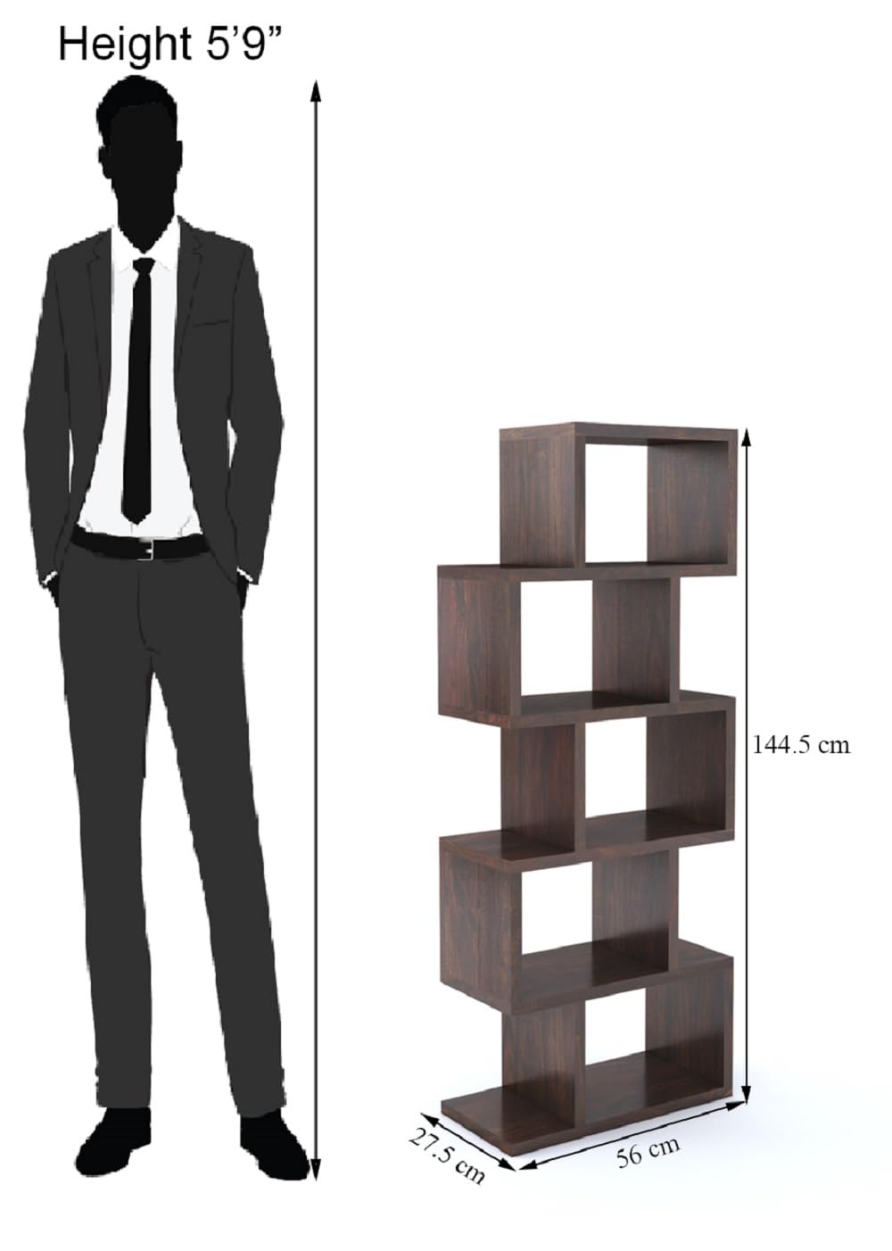Sheesham Wood Zig Zag Shape 5 Tier Open Book Shelf for Living Rooms Office Home Bookcase Wooden Display Shelves Furniture