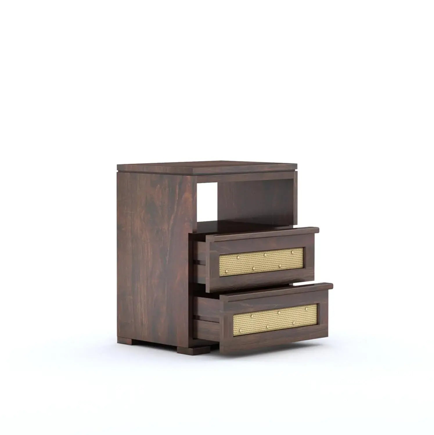 Wood Bedside Table with 2 Drawer & 1 Open Storage | Honey Finish Cane