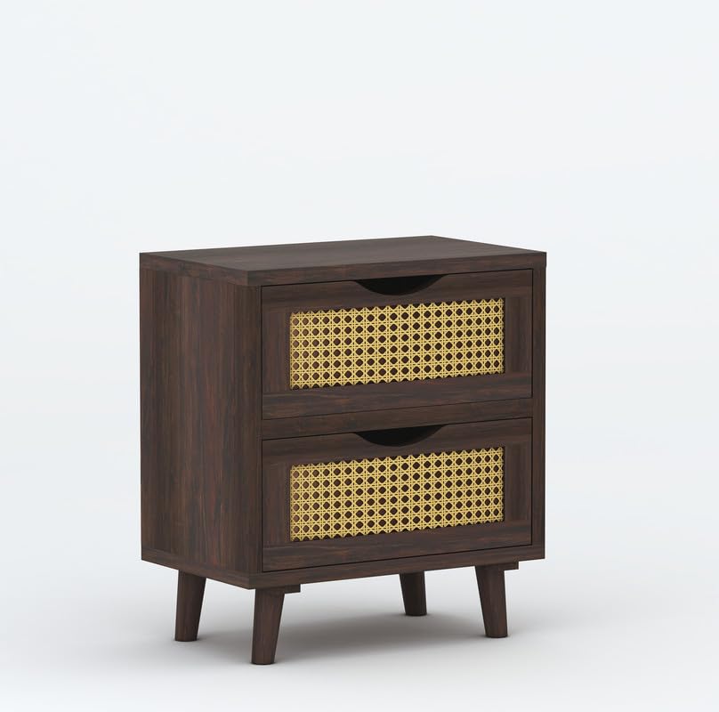 Sheesham Wood Cane Bedside End Table | Wooden Decorative Side Tables With 2 Drawers Storage | Walnut Finish