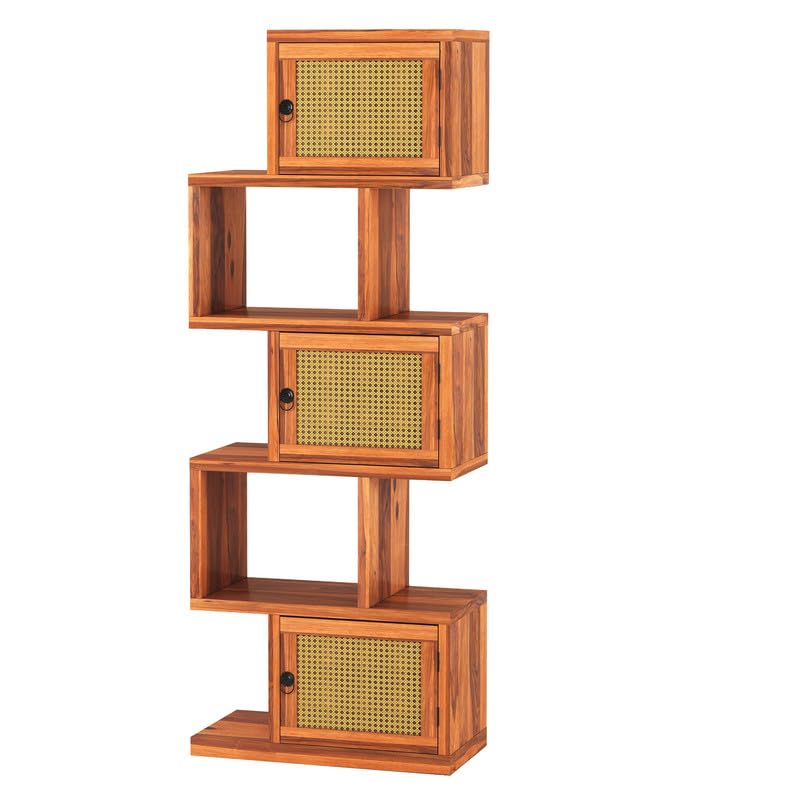 Wood 5-Layer Ladder Bookshelf | Zig-Zag Design with 2 Open Shelves & 3 Rattan Wicker Door Storage Bookrack | Honey Finish