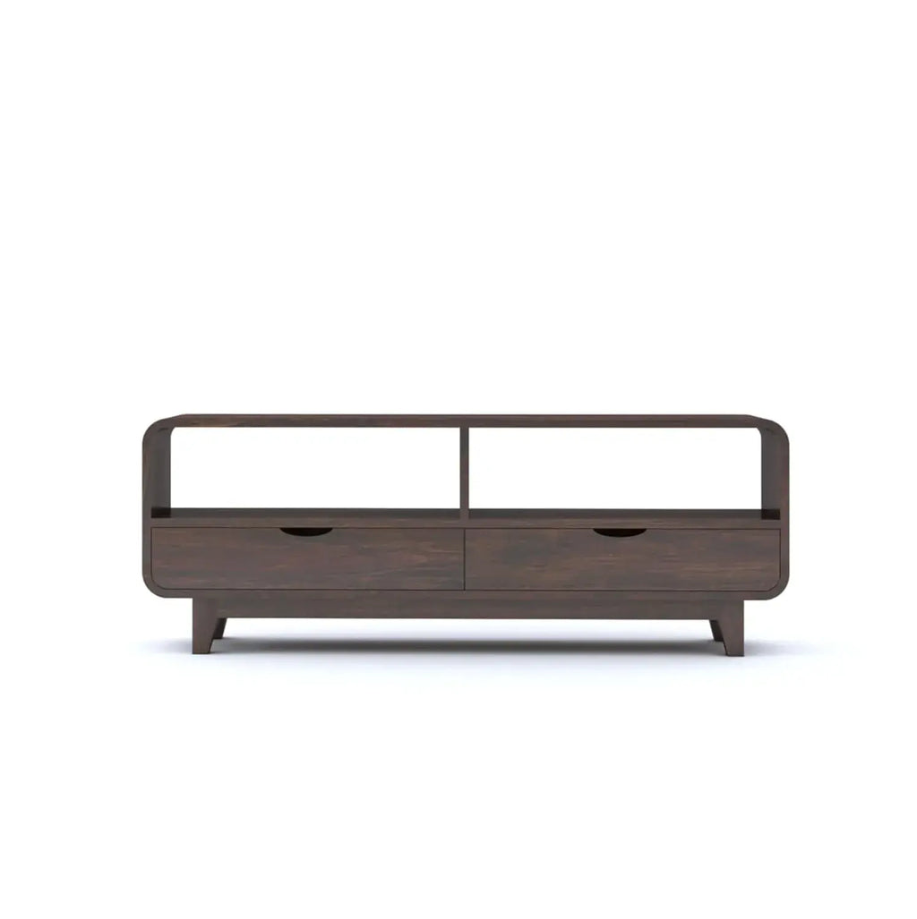 Curved Elongated Coffee Table With 2 Drawer - Walnut Finish