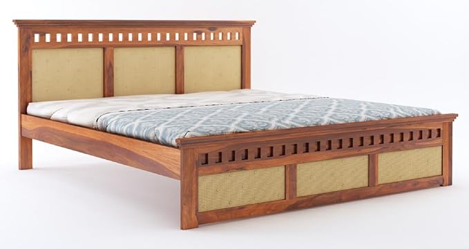 Goyal Handicraft Sheesham Wood Queen Size Cane Bed Without Storage Wooden Double Cot Palang for Bedroom Living Room (Honey Finish)