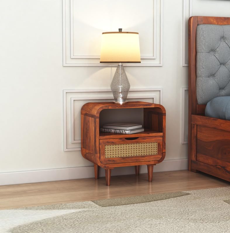 Sheesham Wood Bedside Table with Cabinet Storage Night Stand Sofa Side Table End Table Furniture for Living Room Home Office