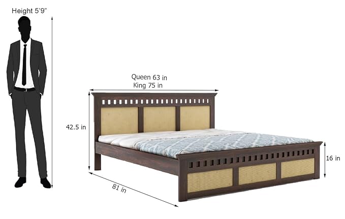 Goyal Handicraft Solid Wood King Size Cane Bed Without Storage|Wooden Cot Double Bed with Headboard Cushion Planag Furniture for Bedroom Living Room Home Hotel (Walnut Finish)