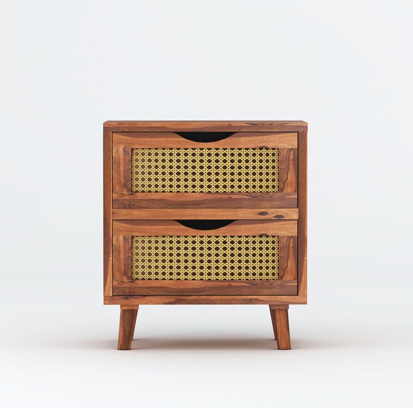 Sheesham Wood Cane Bedside End Table | Wooden Decorative Side Tables With 2 Drawers Storage | Honey Finish