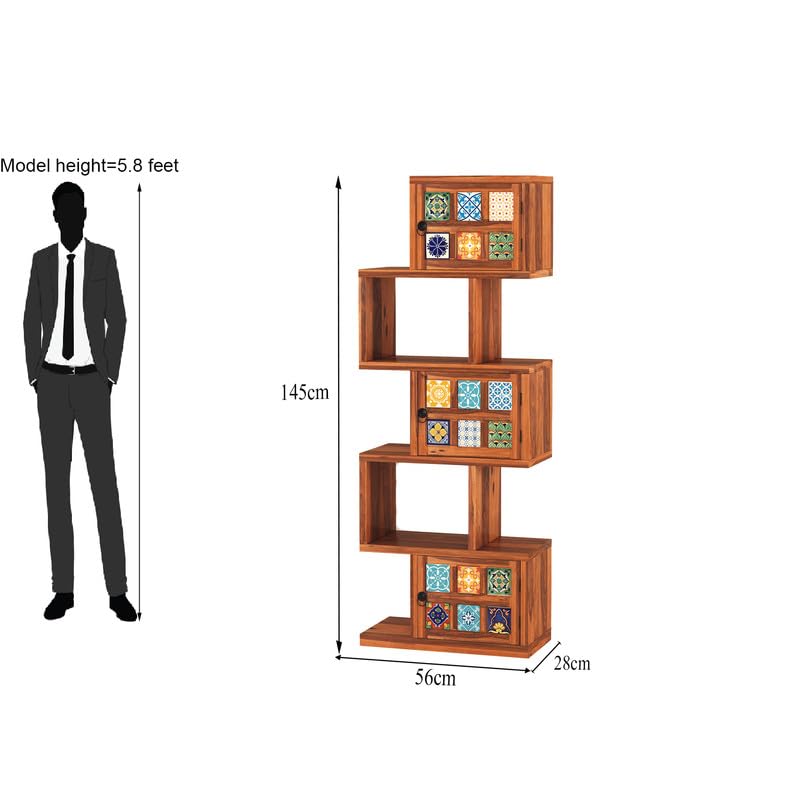 Solid Sheesham Wood 5-Layer Ladder Bookshelf | Zig-Zag Design With 2 Open Shelves | Honey Finish)