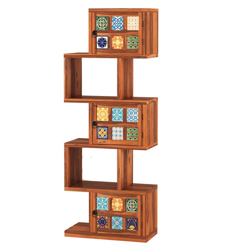 Solid Sheesham Wood 5-Layer Ladder Bookshelf | Zig-Zag Design With 2 Open Shelves | Honey Finish)