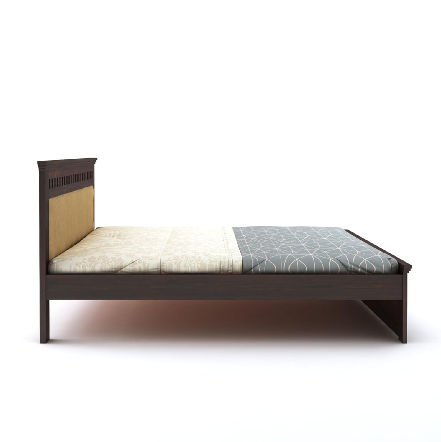 Sheesham Wood Kuber King Size Bed Without Storage Wooden Headboard Cushion Cot Double Bed Furniture for Bedroom Living Room Home