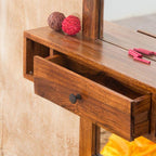 Solid Wood Wall Mounted Dressing Table with Mirror Wooden Makeup Vanity Table with 1 Drawer and 2 Shelf Storage for Bedroom Home