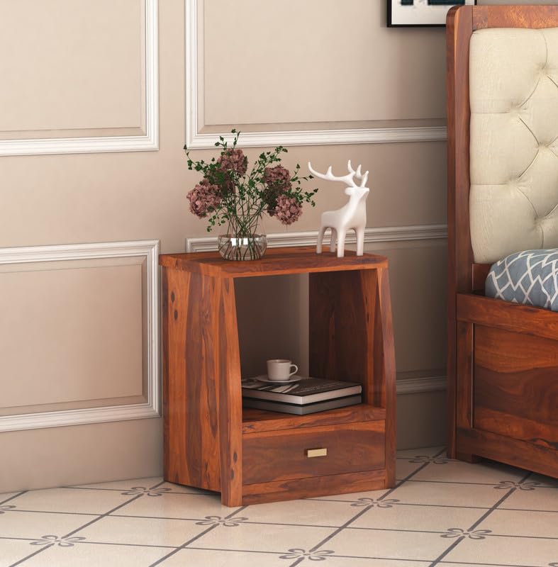 Sheesham Wood Bedside Table with 1 Drawer and Shelf Storage for Bedroom Living Room Home Office Hotel Furniture Wooden Sofa Side Table|Nightstand