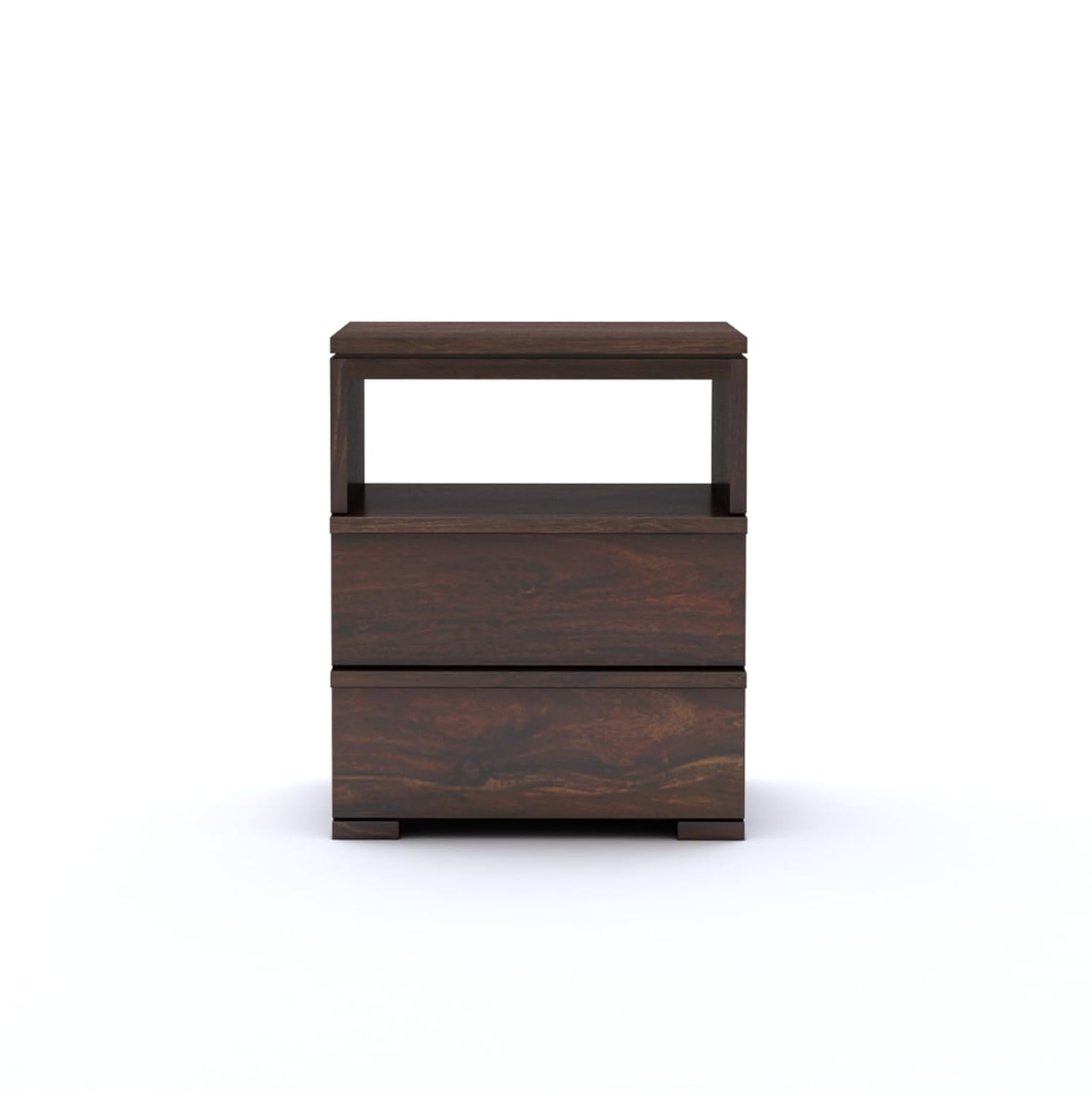 Sheesham Wood Bedside End Table with 2 Drawers and Open Shelf Storage for Bedroom Living Room Wooden Furniture Side Table for Hotel Room Office