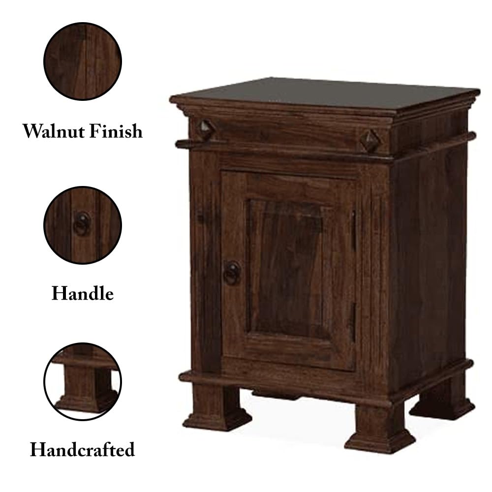 Goyal Handicraft Sheesham Wood Bedside Table with Cabinet Storage Night Stand Sofa Side Table End Table Furniture for Living Room Home Office (Walnut Finish)