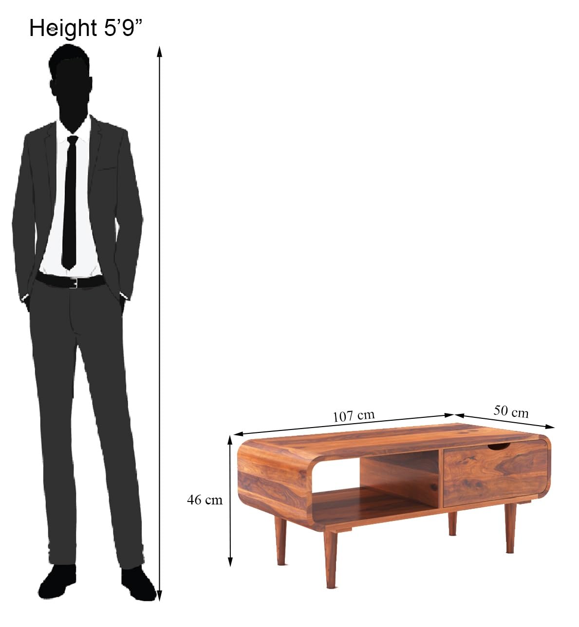 Sheesham Wood Rectangle Coffee Table with Shelf and Drawer Storage Wooden Tea Tables Solid Wood Center Table Furniture for Bedroom Living Room Home Office