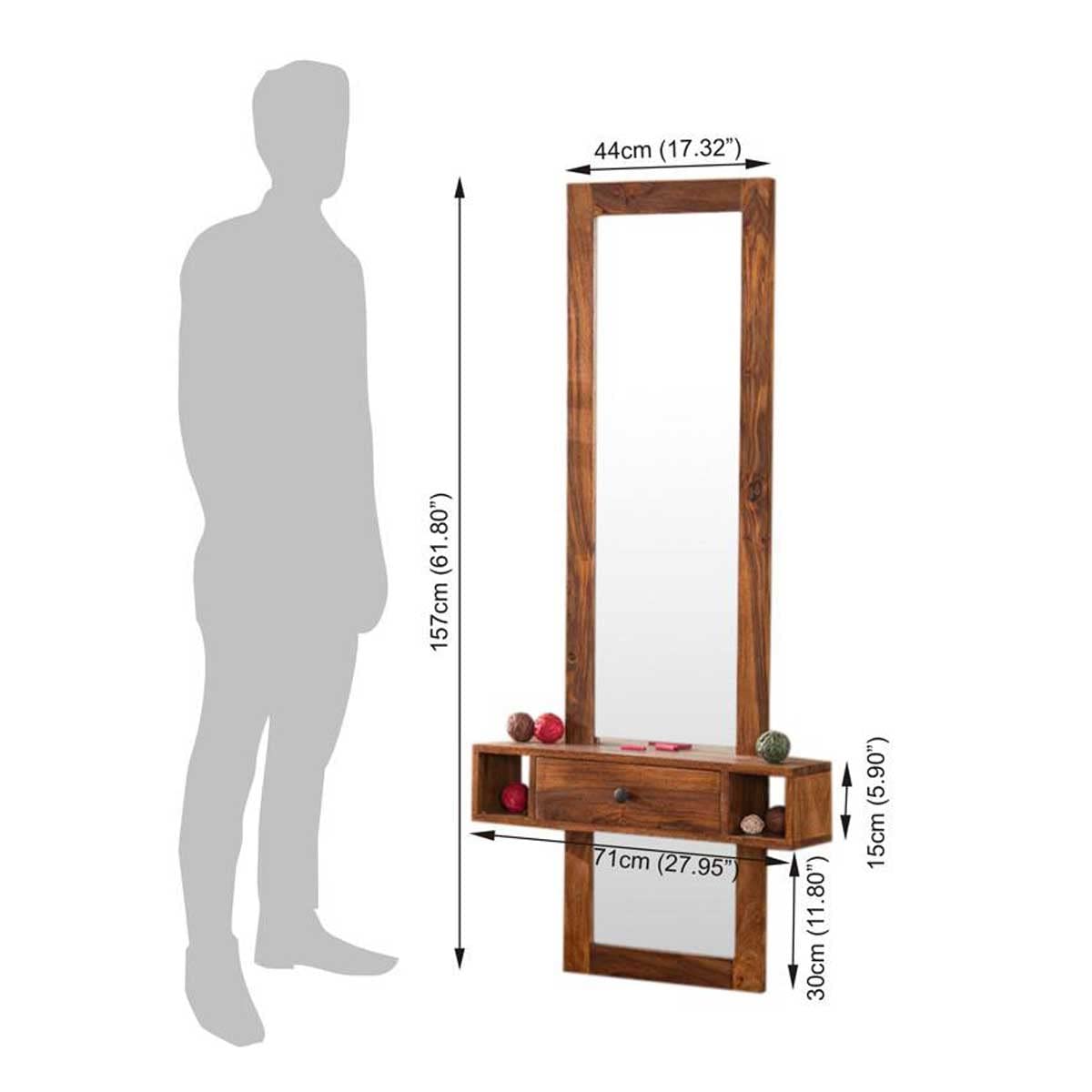 Solid Wood Wall Mounted Dressing Table with Mirror Wooden Makeup Vanity Table with 1 Drawer and 2 Shelf Storage for Bedroom Home