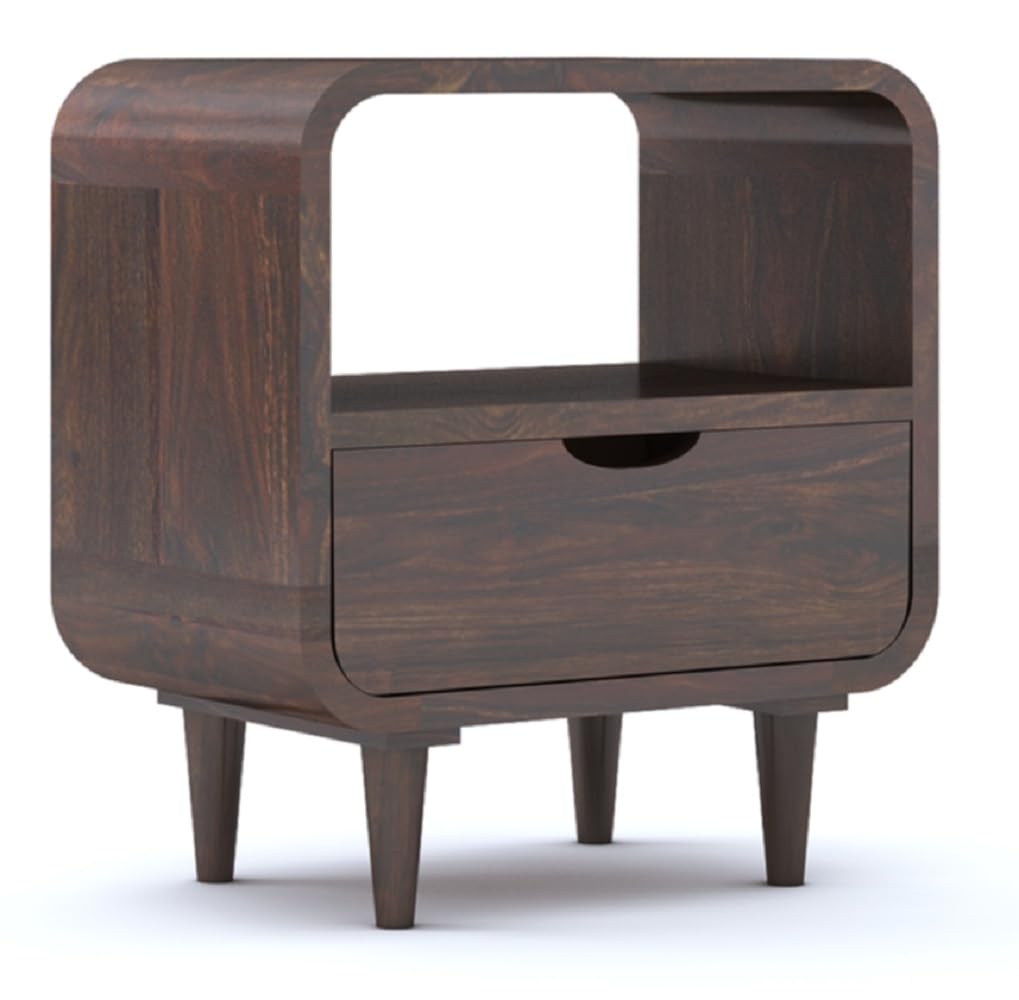 Sheesham Wood Bedside End Table with 2 Drawers and Open Shelf Storage for Bedroom Living Room Wooden Furniture Side Table for Hotel Room Office