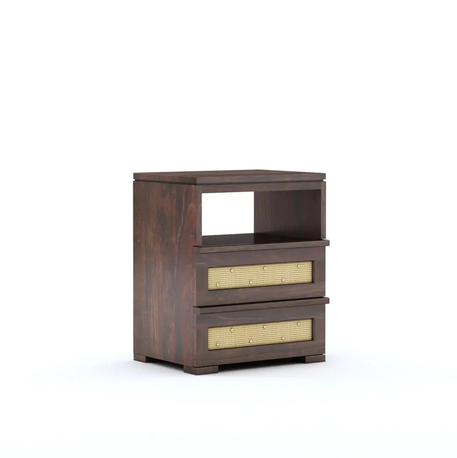 Wood Bedside Table with 2 Drawer & 1 Open Storage | Honey Finish Cane