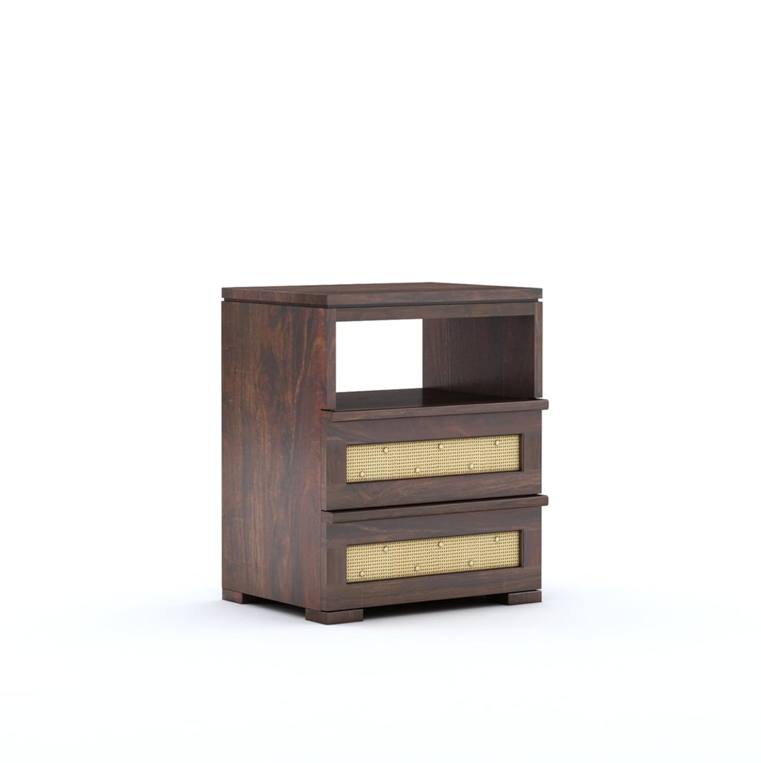 Sheesham Wood Bedside End Table with 2 Drawers and Open Shelf Storage for Bedroom Living Room Wooden Furniture Side Table for Hotel Room Office