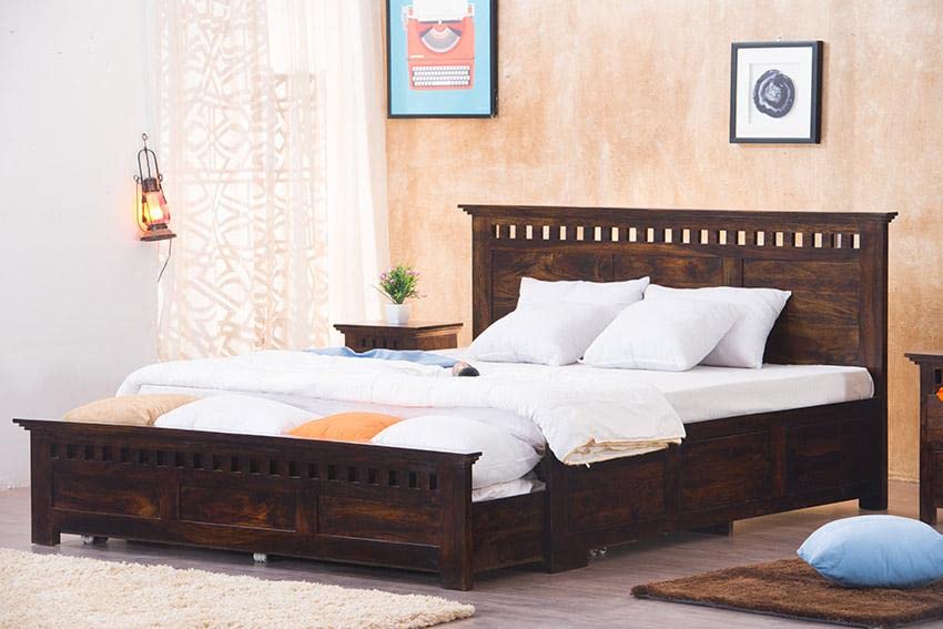 Goyal Handicraft Sheesham Wood Kuber King Size Bed with Open Dual Storage for Bedroom Home Wooden Double Bed Cot Palang for Living Room and Hotels (Walnut Finish) | 1 Year Warranty