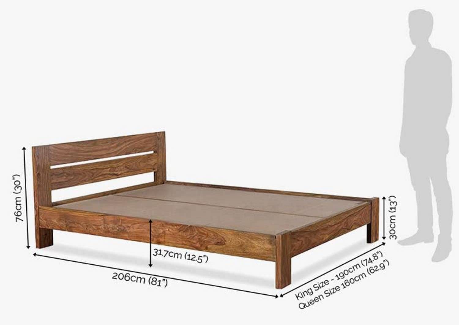 Goyal Handicraft Sheesham Wood Queen Size Double Bed Without Storage for Bedroom Living Room Hotel Wooden Cot Palang Furniture (Stone Finish) | 1 Year Warranty