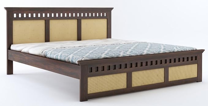 Goyal Handicraft Sheesham Wood Queen Size Cane Bed Without Storage Wooden Double Cot Palang Furniture for Bedroom Living Room Home Hotel (Walnut Finish)