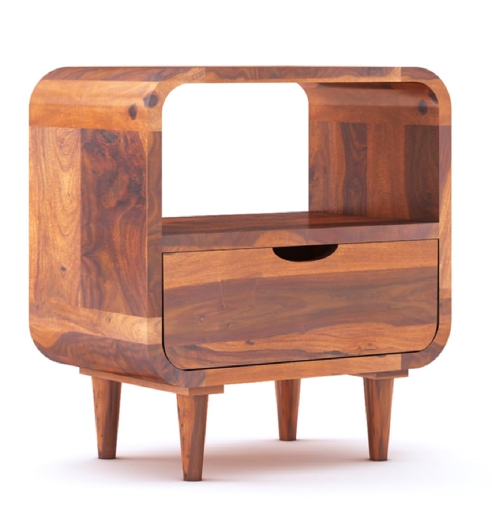 Sheesham Wood Bedside End Table with 2 Drawers and Open Shelf Storage for Bedroom Living Room Wooden Furniture Side Table for Hotel Room Office
