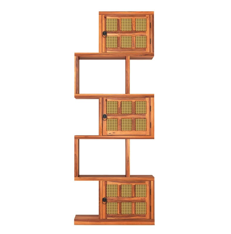Solid Sheesham Wood 5-Layer Ladder Bookshelf With Zig-Zag Design with 2 Open Shelves & 3 Rattan Wicker Door Storage | Honey Finish
