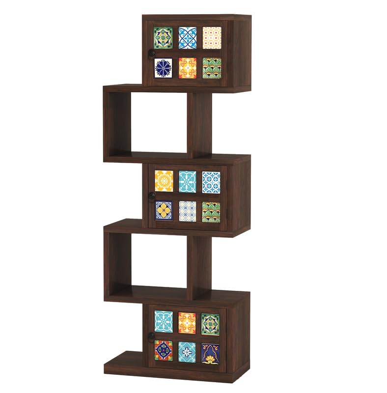 Sheesham Wood 5-Layer Ladder Bookshelf | Zig-Zag Design with 2 Open Shelves & 3 Multicolor Door Storage Bookrack | Display Cabinet Floor Standing Bookcase for Home Library