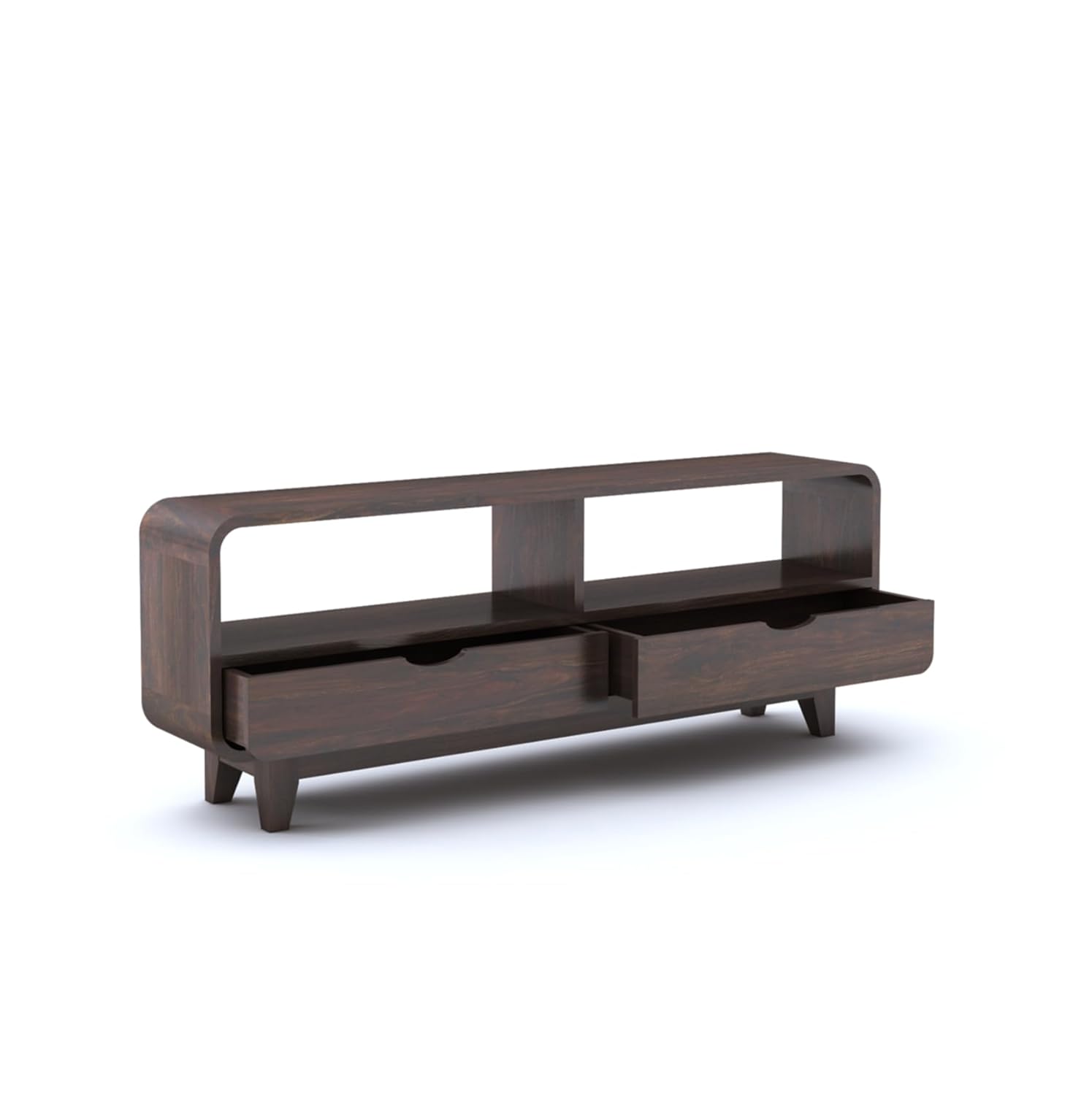 Sheesham Wood Curved Elongated Coffee Table with 2 Drawer and Shelf Storage for Bedroom Living Room Home Office Teapoy Tea Table Solid Wooden Center Table