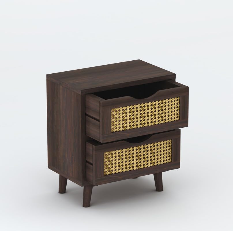 Sheesham Wood Cane Bedside End Table | Wooden Decorative Side Tables With 2 Drawers Storage | Walnut Finish