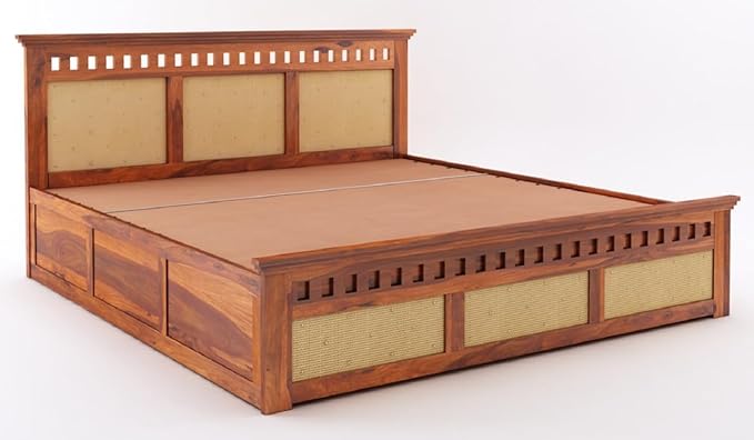 Goyal Handicraft Sheesham Wood Queen Size Kuber Bed with Hydraulic Storage for Bedroom Living Room Home Hotel Furniture Wooden Double Bed Cot Palang for Guest Room (Honey Finish)