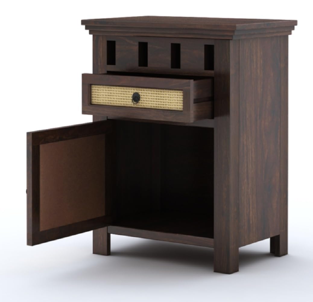 Sheesham Wood Bedside End Table with 2 Drawers and Open Shelf Storage for Bedroom Living Room Wooden Furniture Side Table for Hotel Room Office