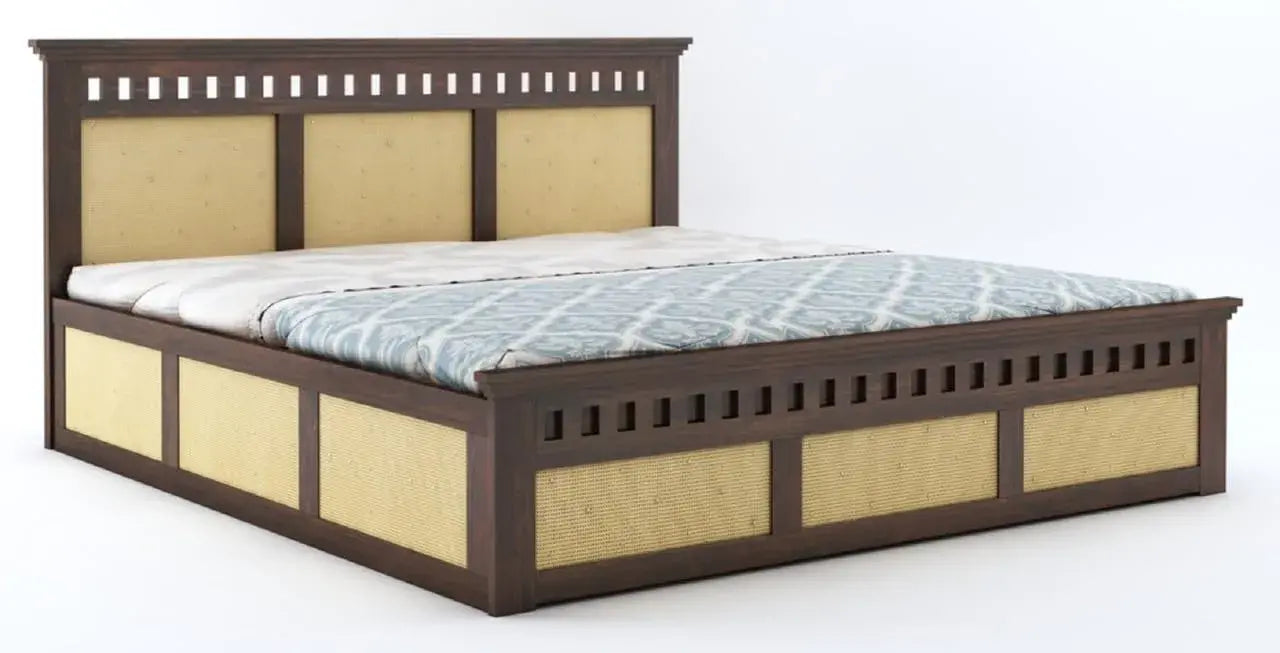 Queen Size Cane Bed With Box Storage | Walnut Finish