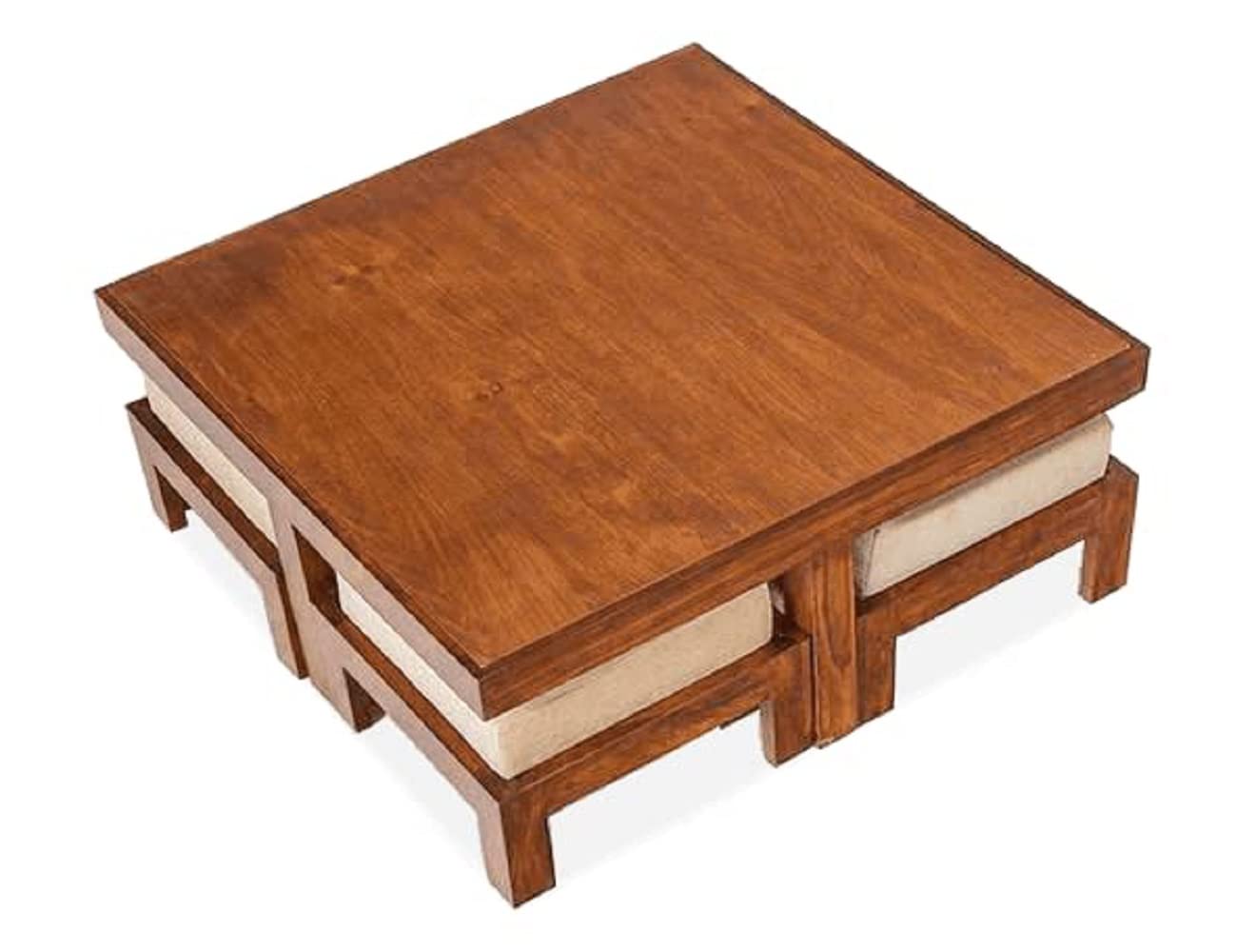 Sheesham Wood Coffee Table with 4 Cushion Stool Wooden Centre Table Teapoy Tea Table Furniture for Bedroom Living Room Home Office
