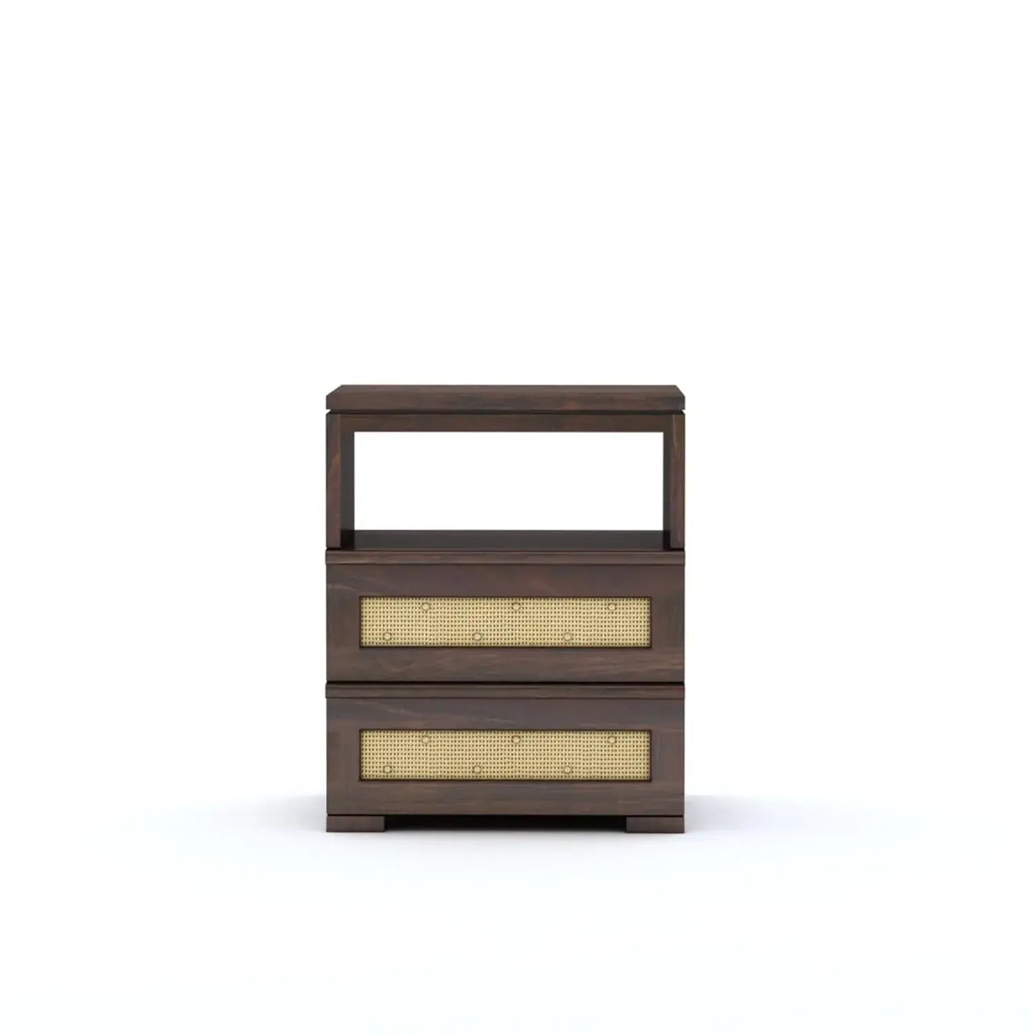 Wood Bedside Table with 2 Drawer & 1 Open Storage | Honey Finish Cane