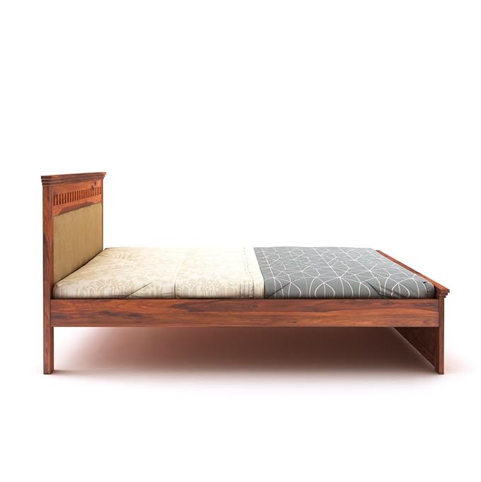 Goyal Handicraft Sheesham Wood Kuber Queen Size Bed Without Storage Wooden Headboard Cushion Cot Double Bed Furniture for Bedroom Living Room Home (Honey Finish, Gaddi Cream)