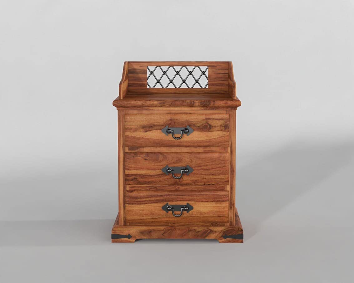 Sheesham Wood Bedside Table with 3 Drawer Storage End Table Sofa Side Table for Living Room Home and Office