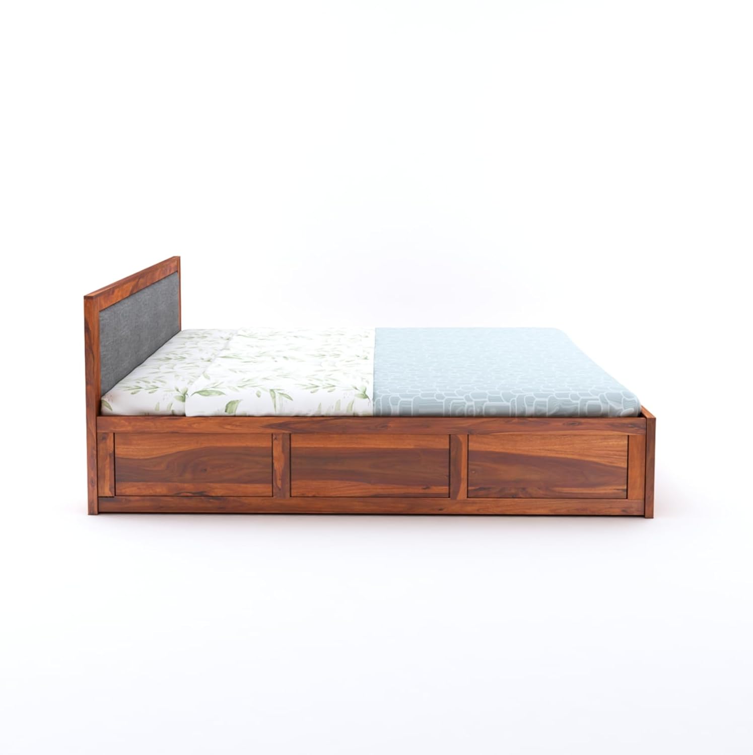 Sheesham Wood Bed King Size With Box Storage | Honey BOX-Grey Cushion