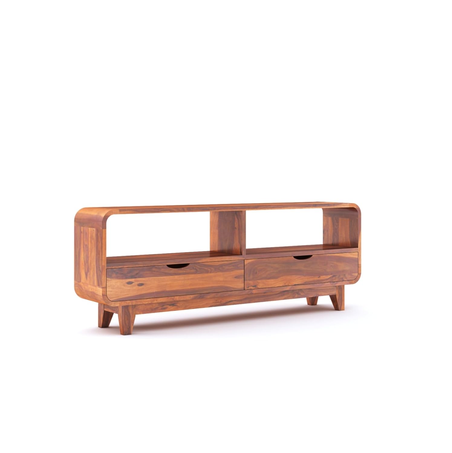 Sheesham Wood Curved Elongated Coffee Table with 2 Drawer and Shelf Storage for Bedroom Living Room Home Office Teapoy Tea Table Solid Wooden Center Table
