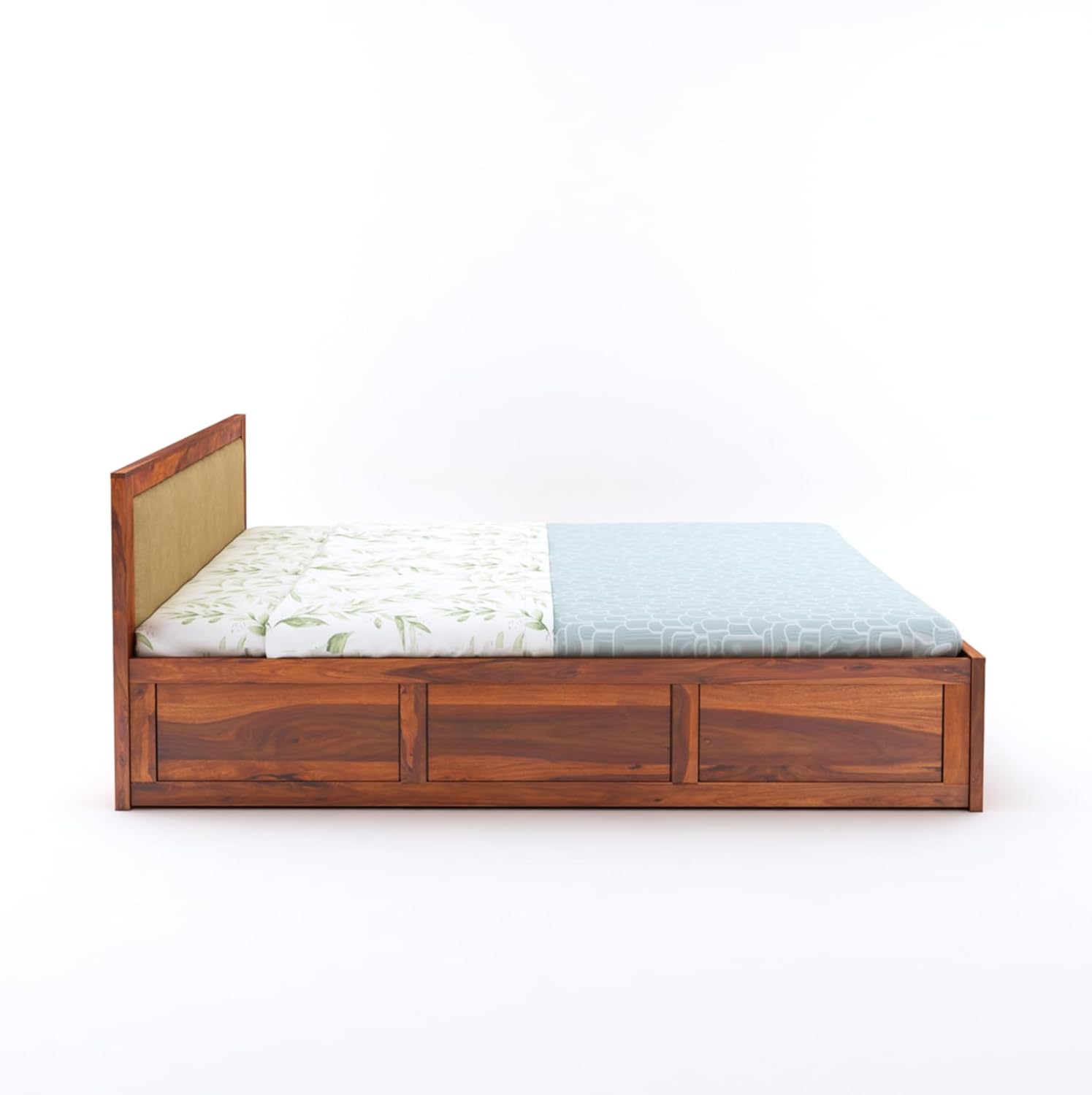 Sheesham Wood King Size Bed With Hydraulic Storage | Honey HYD-Cream Cushion