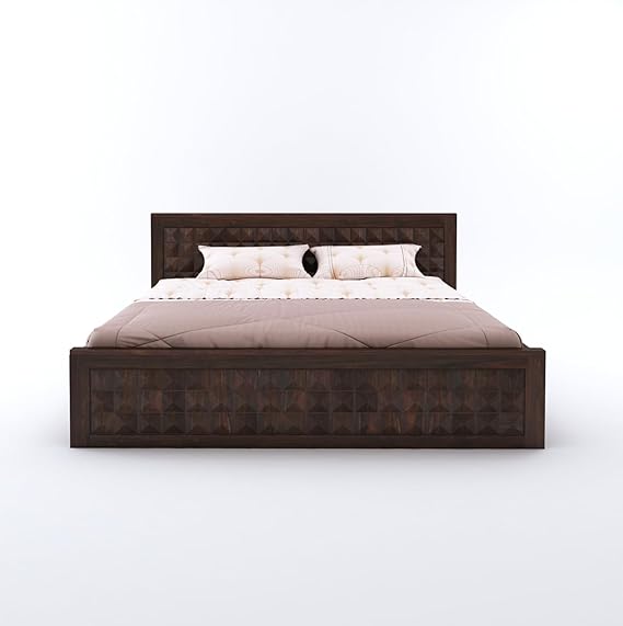 Goyal Handicraft Sheesham Wood Queen Size Bed with Hydraulic Storage for Bedroom Living Room Home Hotel Furniture Wooden Double Bed Cot Palang for Guest Room (Walnut Finish)